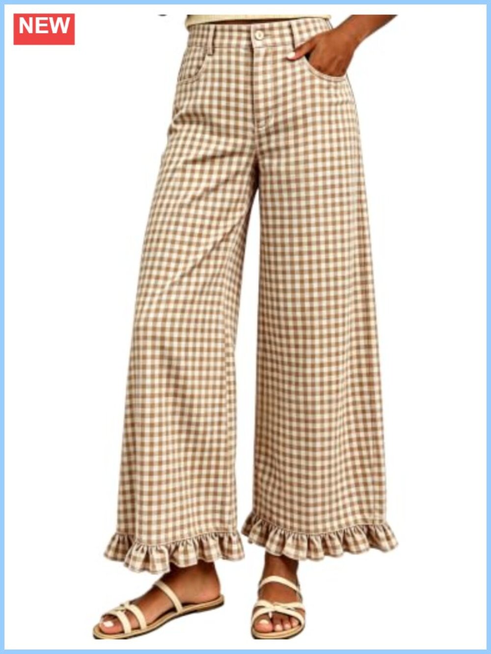 Women's Gingham Wide Leg Lounge Pants with Ruffle Hem and Pockets